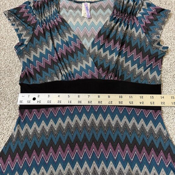 Purple Rain Dress Womens Medium Teal Chevron A-Line V-Neck Made USA 90s Vintage - Picture 10 of 10